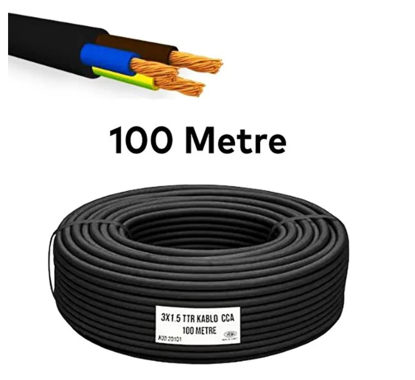 Badem10 Ttr Cca Çok Telli Elektrik Kablosu Topraklı Bakır İletken Damarlı Siyah Kablo 3x1,5 100 Metre
