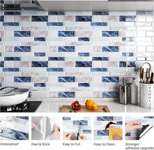 FunStick 3D Mermer Efektli Yapışkanlı Mutfak Fayansı – Beyaz Mavi Duvar Paneli (5 Adet)