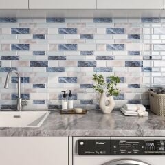 FunStick 3D Mermer Efektli Yapışkanlı Mutfak Fayansı – Beyaz Mavi Duvar Paneli (5 Adet)