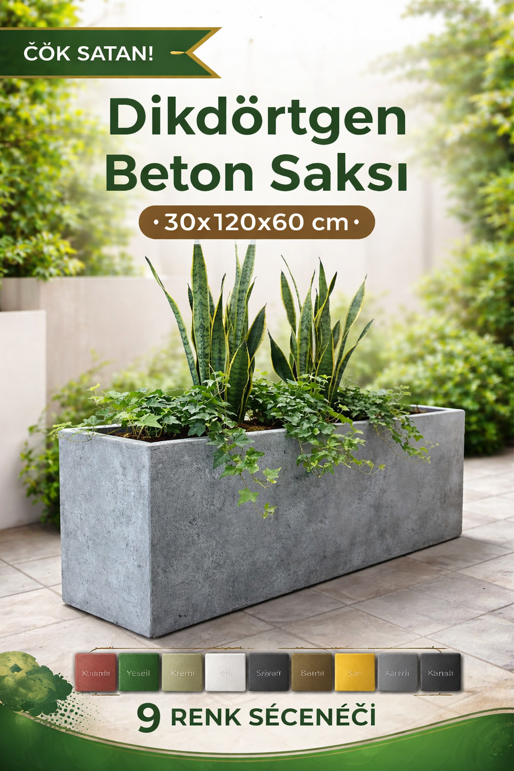 Modern Dikdörtgen Beton Saksı 30x120x60 cm – Büyük Dekoratif Bahçe ve Peyzaj Saksısı