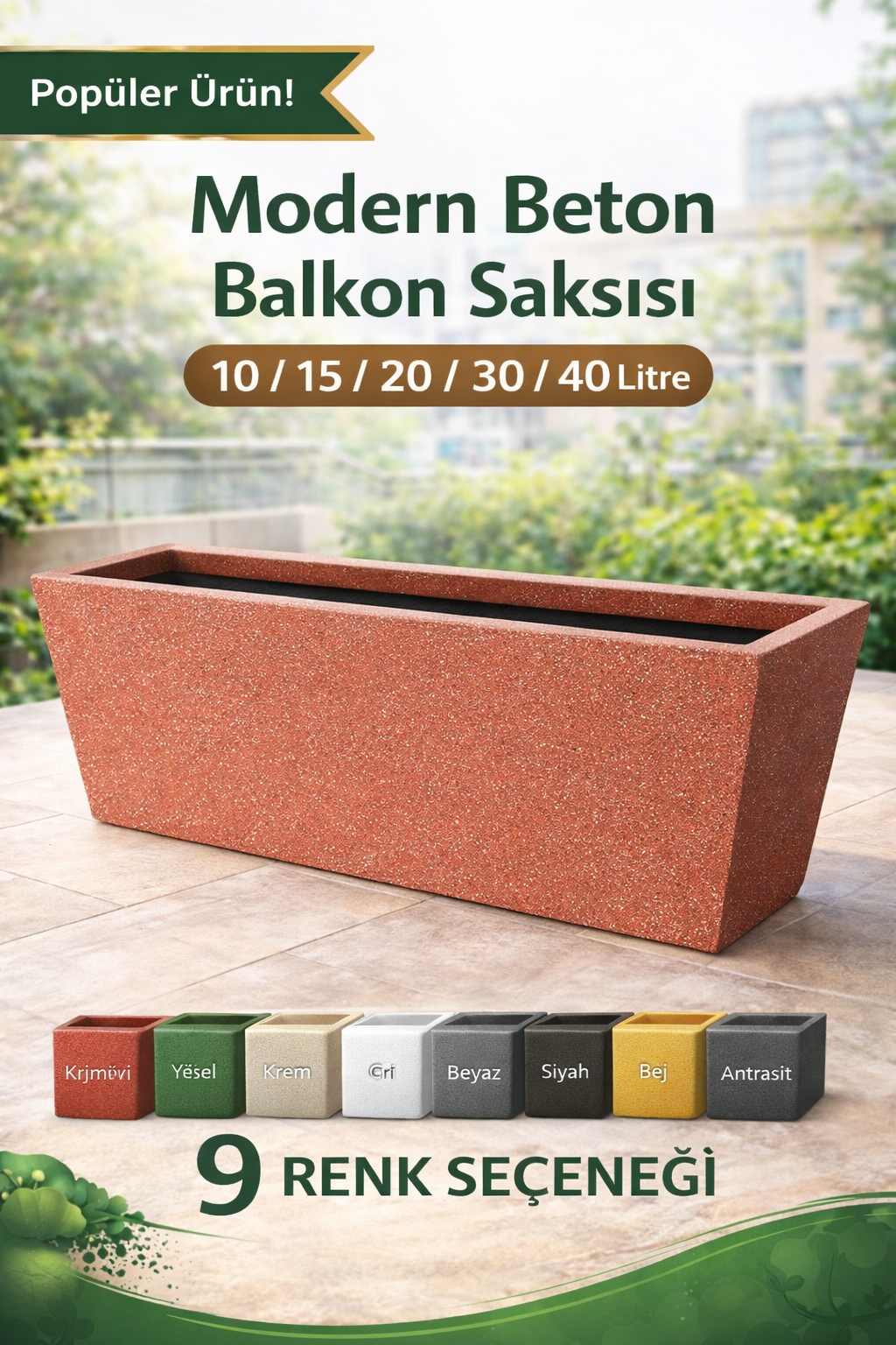 Modern Beton Balkon Saksısı – 10 / 15 / 20 / 30 / 40 Litre Dekoratif Uzun Saksı Modeli