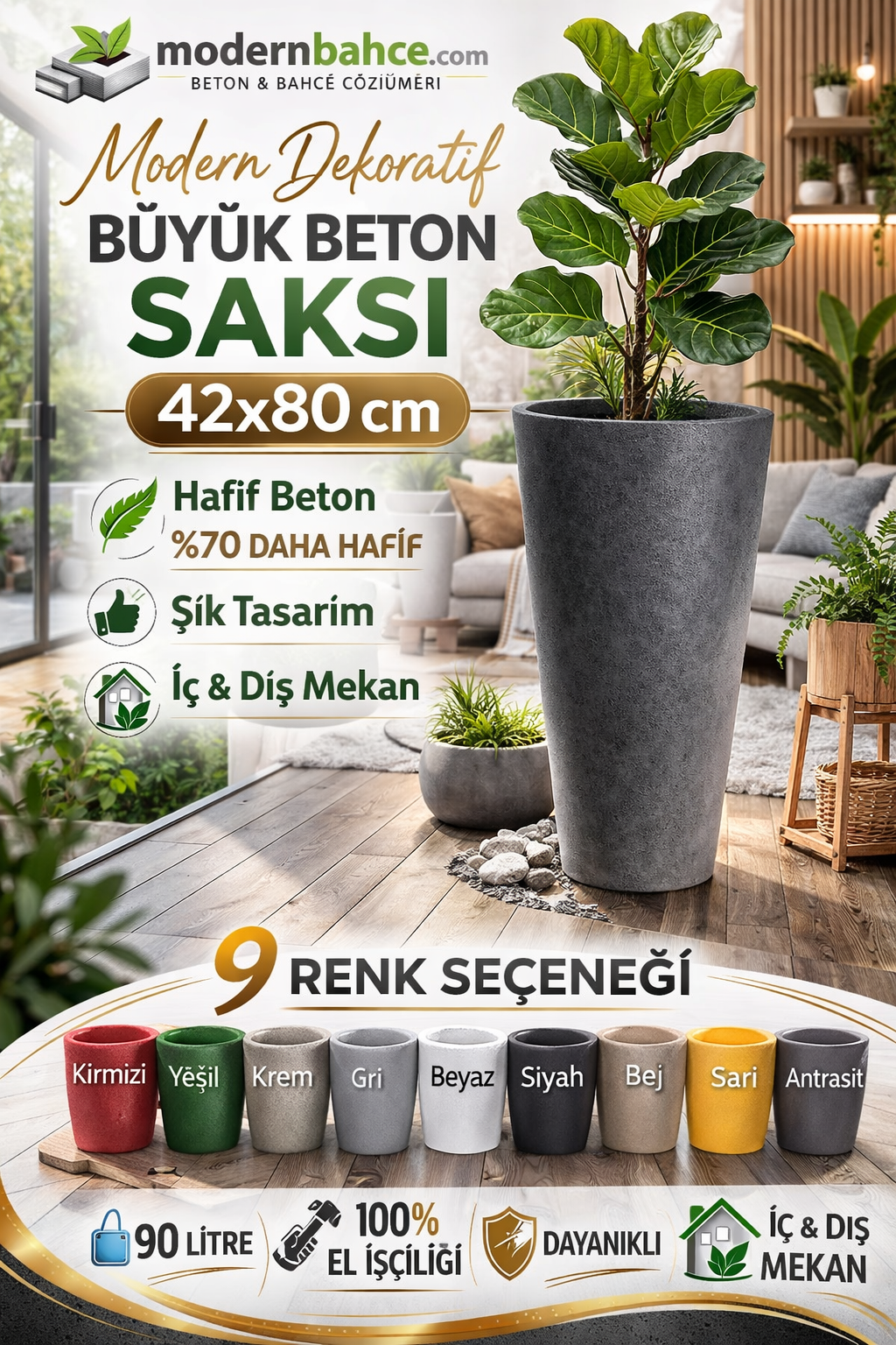 Modern Dekoratif Büyük Beton Saksı 42x80 cm – İç ve Dış Mekan Tasarım Saksısı