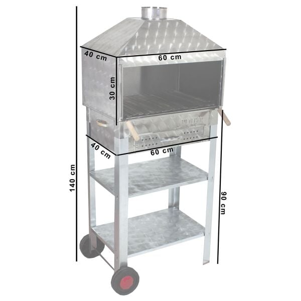 MTH-51 Davlumbazlı Bacalı Çekmeceli Lama Izgaralı Mangal (2 Tekerlekli)